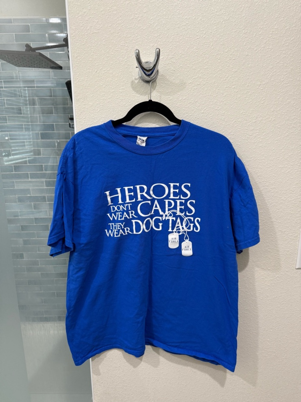 Blue Air Force Graphic Tee - "Heroes Don't Wear Capes They Wear Dog Tags"